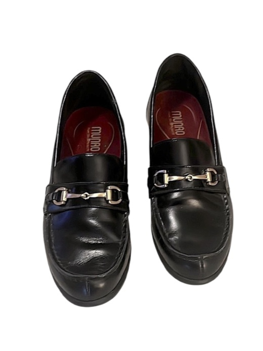 Munro Woman’s Gryffin Black Glazed Calf Leather Slip On Loafers Gold Horse Bit